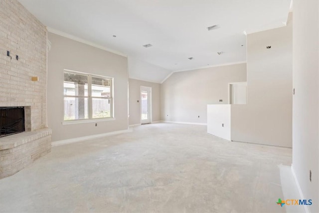 unfurnished living room featuring light colored carpet, baseboards, vaulted ceiling, and a fireplace