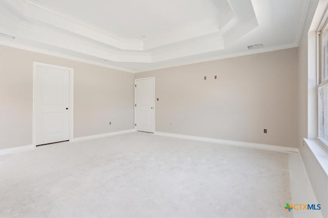 spare room with light carpet, ornamental molding, and a raised ceiling