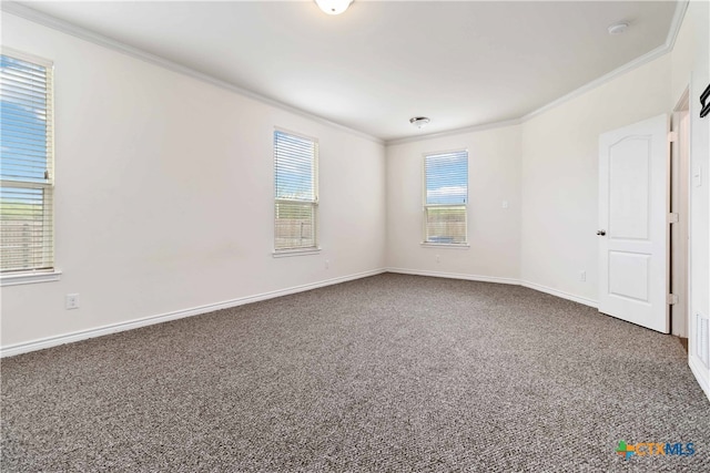 carpeted spare room with plenty of natural light and crown molding