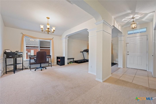 104 Missouri Dr, Harker Heights, TX 76548 - office area with ornate columns, a chandelier, carpet, and baseboards