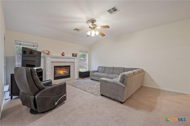104 Missouri Dr, Harker Heights, TX 76548 - living room featuring a fireplace, ceiling fan, and light colored carpet