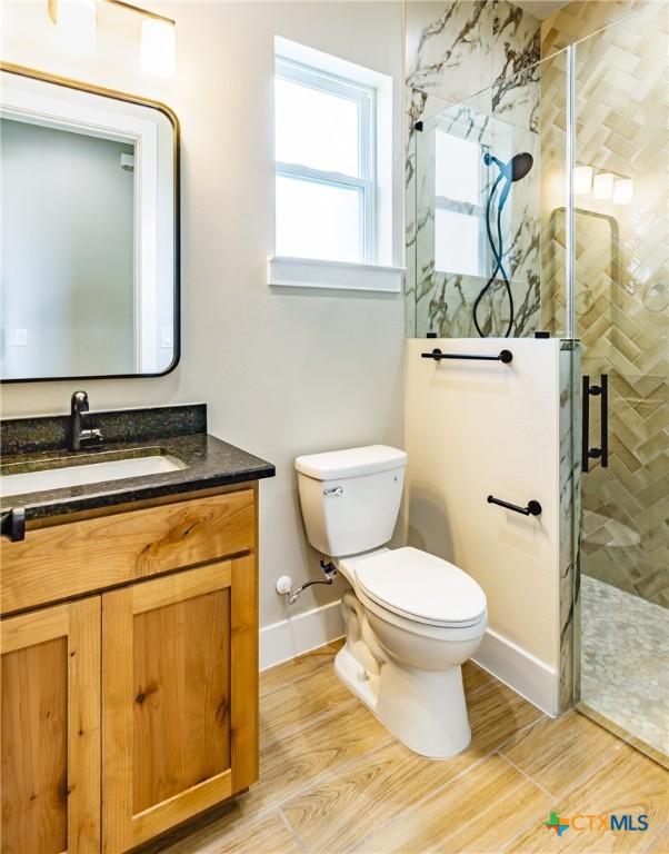 bathroom featuring vanity, toilet, and walk in shower