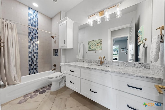 full bathroom with shower / bath combination with curtain, tile patterned floors, vanity, and toilet