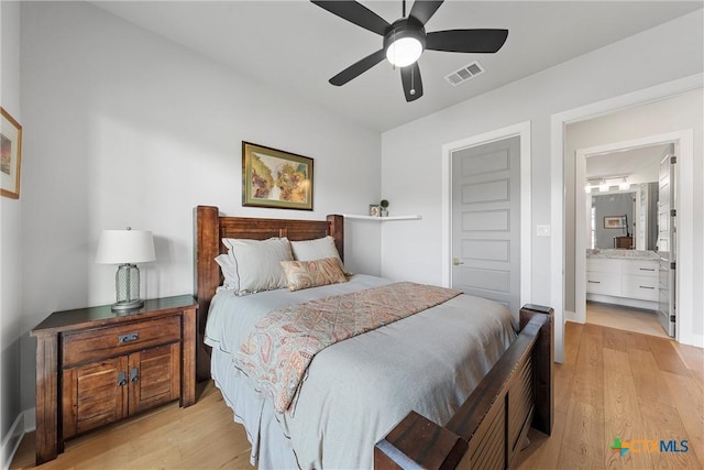 bedroom featuring ensuite bathroom, ceiling fan, and light wood-type flooring