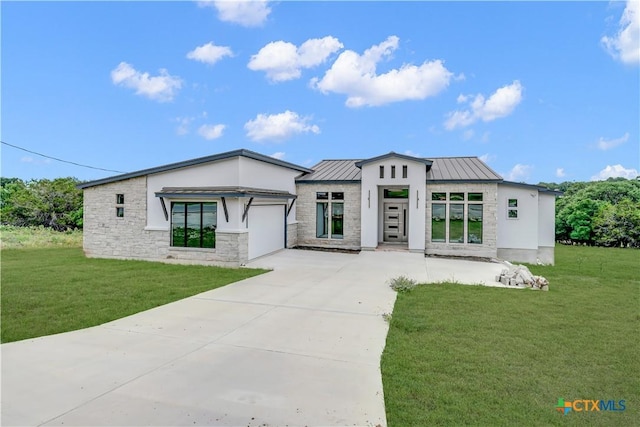 6846 Spring Branch Rd, Spring Branch, TX 78070 - contemporary house featuring a standing seam roof, driveway, an attached garage, and stone siding