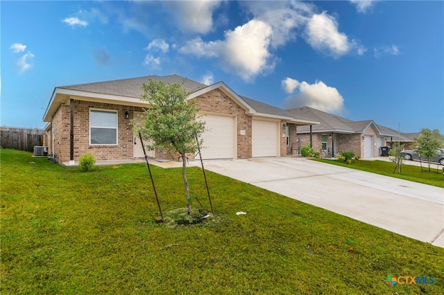 ranch-style home featuring central air condition unit, a garage, and a front lawn