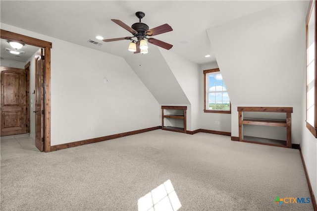 12491 Madison Ln, Justin, TX 76247 - bonus room featuring carpet flooring, baseboards, a ceiling fan, vaulted ceiling, and recessed lighting