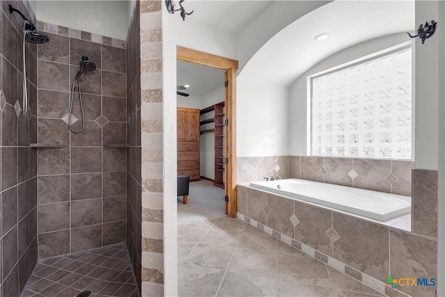 12491 Madison Ln, Justin, TX 76247 - full bath featuring a tile shower, a garden tub, recessed lighting, and tile patterned flooring