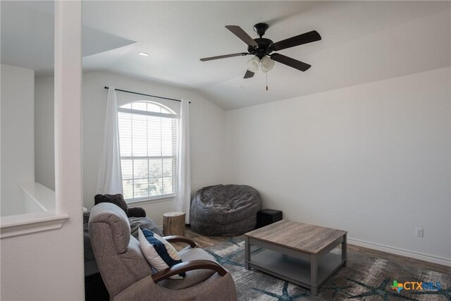 3608 Quail Ridge Dr, Harker Heights, TX 76548 - living area featuring wood finished floors, vaulted ceiling, ceiling fan, and baseboards