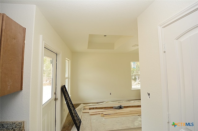 hallway featuring a tray ceiling