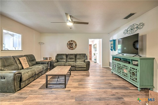 3117 Magnolia Blvd, Temple, TX 76502 - living room featuring wood finished floors, ceiling fan, and a textured ceiling