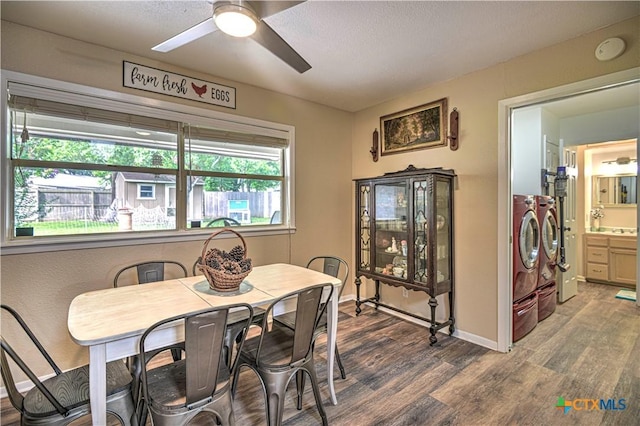 3117 Magnolia Blvd, Temple, TX 76502 - dining space featuring washing machine and dryer, wood finished floors, a ceiling fan, and a textured ceiling