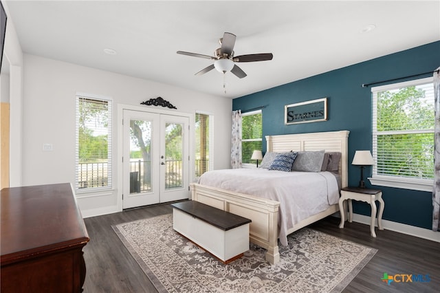 127 Diamond Head Dr, Bastrop, TX 78602 - bedroom featuring multiple windows, wood finished floors, recessed lighting, french doors, and ceiling fan