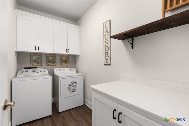 127 Diamond Head Dr, Bastrop, TX 78602 - washroom with cabinet space, washing machine and dryer, dark wood-style flooring, and baseboards