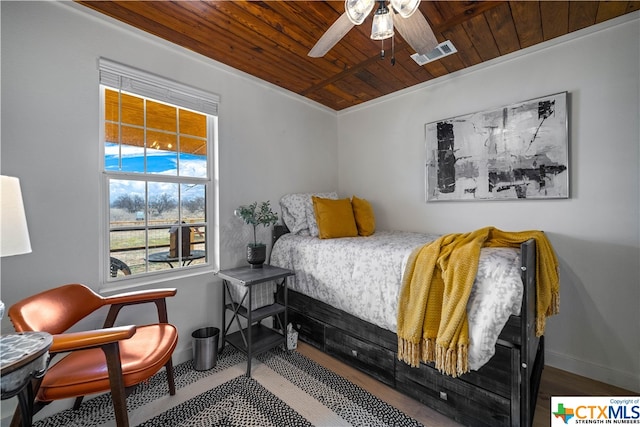 bedroom with hardwood / wood-style flooring, wooden ceiling, and ceiling fan