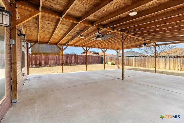 view of patio featuring a fenced backyard and a ceiling fan