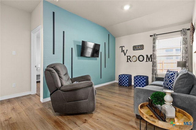 living room featuring wood-type flooring and lofted ceiling