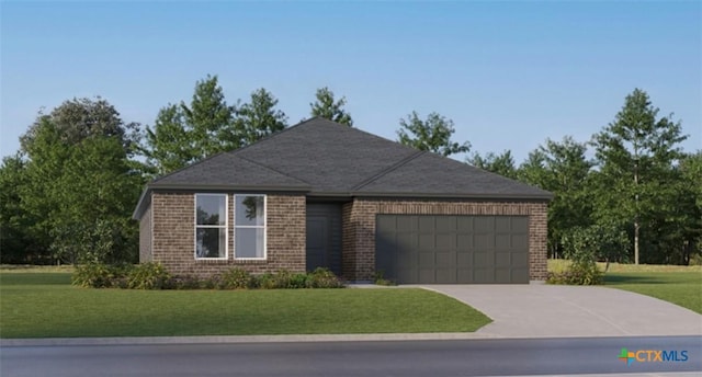 view of front of property with an attached garage, concrete driveway, brick siding, and a front yard