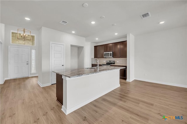 1531 Hillside Dr, Temple, TX 76502 - kitchen featuring appliances with stainless steel finishes, a sink, light wood-style flooring, dark brown cabinetry, and a kitchen island with sink