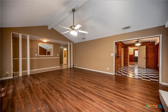 unfurnished living room with hardwood / wood-style floors, lofted ceiling with beams, and ceiling fan