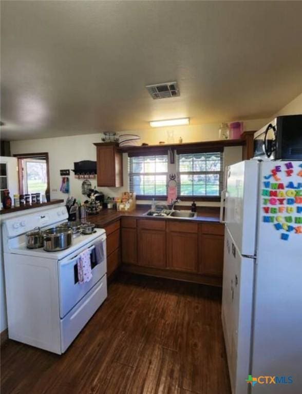 1123 N Beal St, Belton, TX 76513 - kitchen with white appliances, dark wood-style floors, plenty of natural light, and brown cabinets