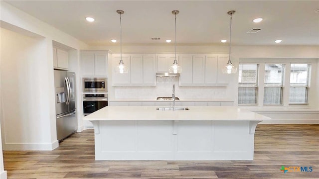 1822 Nettletree Rd, New Braunfels, TX 78132 - kitchen featuring light countertops, tasteful backsplash, visible vents, light wood-style flooring, and appliances with stainless steel finishes