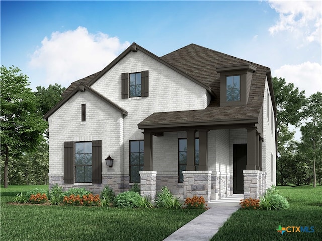 1822 Nettletree Rd, New Braunfels, TX 78132 - view of front of house featuring stone siding, brick siding, a shingled roof, and a front lawn