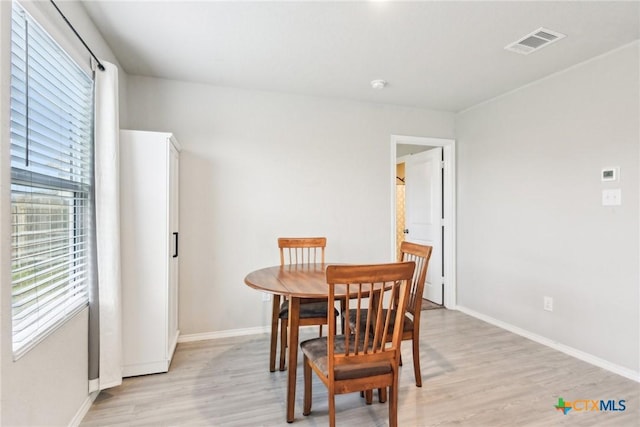 dining room featuring light wood-type flooring, visible vents, and baseboards