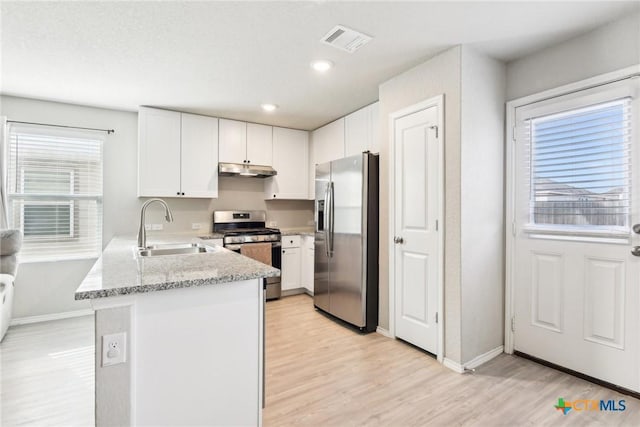 kitchen with visible vents, appliances with stainless steel finishes, a sink, a peninsula, and under cabinet range hood