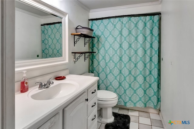 bathroom featuring ornamental molding, a shower with curtain, vanity, tile patterned floors, and toilet