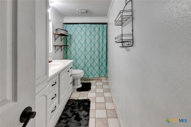 full bathroom with toilet, tile patterned floors, ornamental molding, vanity, and shower / bathtub combination with curtain