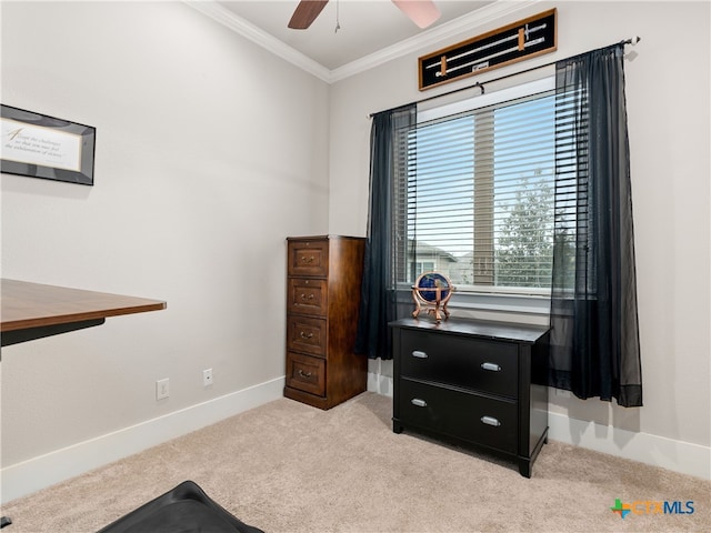 interior space with crown molding, light carpet, and ceiling fan