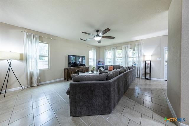 4431 Hogg, San Antonio, TX 78223 - living room with ceiling fan and light tile patterned floors