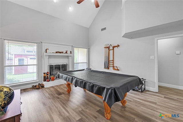 1811 Rally Ln, Harker Heights, TX 76548 - playroom featuring high vaulted ceiling, ceiling fan, healthy amount of natural light, pool table, and light wood-type flooring