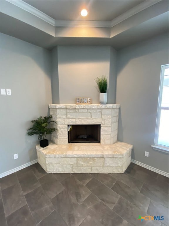 details featuring baseboards, a tray ceiling, a stone fireplace, and crown molding