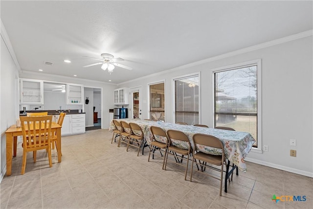 296 Valiant Wills Rd, Bruceville-Eddy, TX 76630 - dining room with ornamental molding, ceiling fan, light tile patterned floors, baseboards, and recessed lighting
