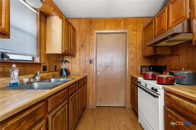 kitchen with light wood-type flooring, a textured ceiling, white range oven, and sink