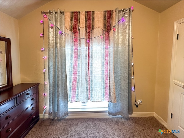 interior space featuring carpet and lofted ceiling