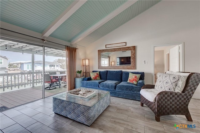 living room with beam ceiling, wood ceiling, and high vaulted ceiling