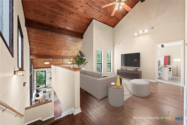 living room featuring ceiling fan, high vaulted ceiling, wooden ceiling, and wood-type flooring