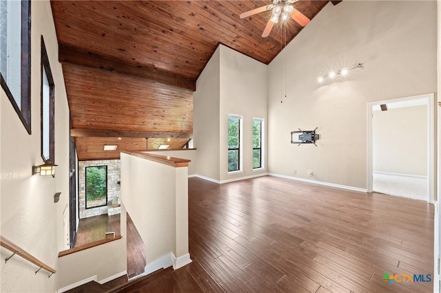 unfurnished living room featuring ceiling fan, high vaulted ceiling, wooden ceiling, and dark hardwood / wood-style floors