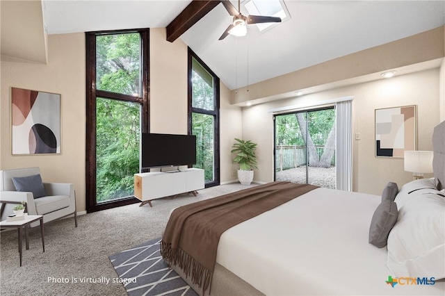 bedroom with carpet flooring, lofted ceiling with beams, access to outside, and ceiling fan