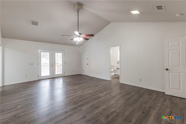 spare room featuring dark wood-type flooring, high vaulted ceiling, french doors, and ceiling fan