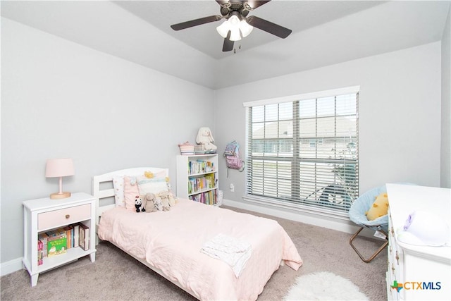 bedroom featuring baseboards, carpet, and a ceiling fan