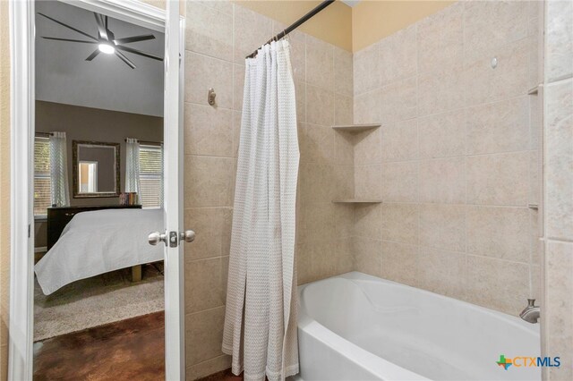 109 Dolly St, San Marcos, TX 78666 - ensuite bathroom with shower / tub combo with curtain and a ceiling fan