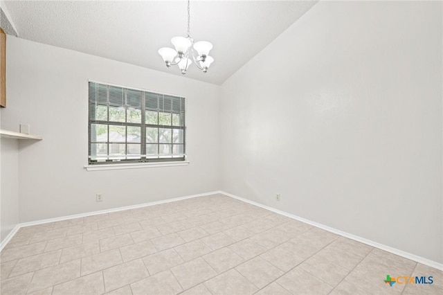 2209 Winchester Dr, Temple, TX 76502 - empty room featuring a chandelier, vaulted ceiling, and light tile patterned flooring