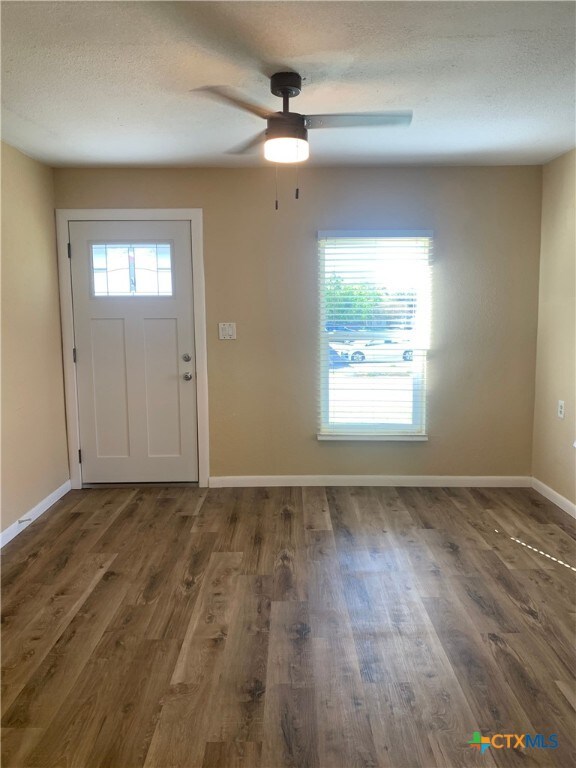 foyer with plenty of natural light, a textured ceiling, and dark hardwood / wood-style flooring