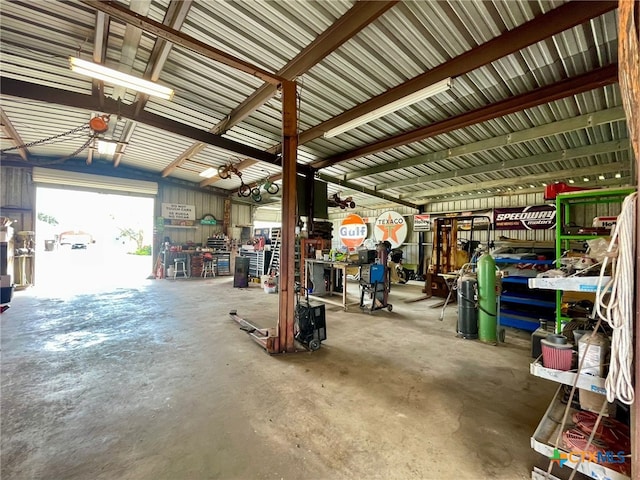 garage with a workshop area