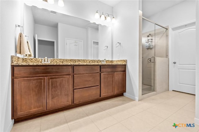 bathroom featuring tile patterned flooring, visible vents, a shower stall, double vanity, and a sink