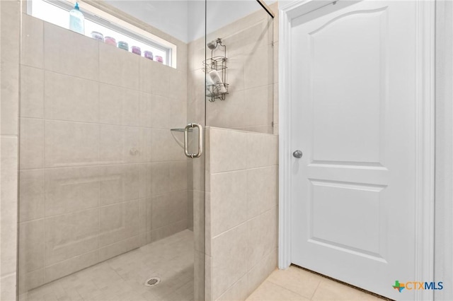 bathroom featuring tile patterned flooring and a shower stall